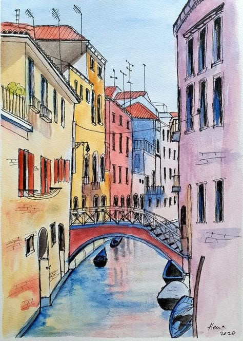 Pen And Ink Watercolor, Venice Painting, Christmas Paintings On Canvas, Watercolor Architecture, Diy Watercolor Painting, Travel Sketches, Ink Watercolor, Acrylic Painting For Beginners, 수채화 그림