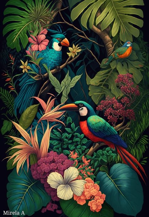 Jungle Images Wallpapers, Jungle Birds Illustration, Jungle Bird Illustration, Tiger Jungle Painting, Trippy Jungle Art, Jungle Decor, Deco Nature, Abstract Flower Painting, Tropical Art