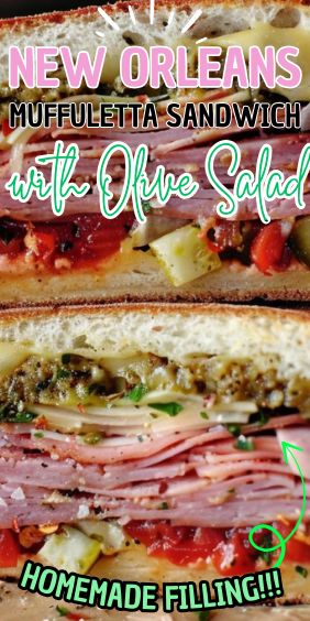 New Orleans Muffuletta Sandwich with Olive Salad New Orleans Sandwich Recipes, Turkey Muffaletta Sandwich, Olive Salad For Muffaletta, Bbq Sandwich Recipe, Muffuletta Salad, Olive Salad Recipe, Beer Cheese Sauce, Muffuletta Sandwich, Olive Spread