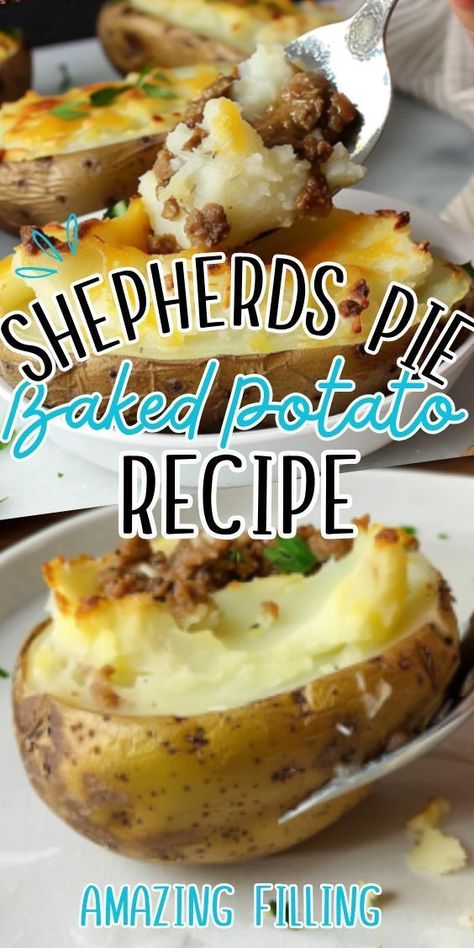 Easy Shepherds Pie Baked Potato recipe. Picture this: fluffy baked potatoes loaded with savory ground beef, vegetables, and creamy mashed potatoes, all topped with melted cheese and baked to golden perfection. It's a hearty and satisfying meal that's perfect for busy weeknights or cozy family Cottage Pie Baked Potato, Fluffy Baked Potatoes, Hamburg Recipes, Potato Picture, Potatoes Loaded, Baked Potato Recipe, Easy Shepherds Pie, Baked Potato Recipes, Cottage Pie