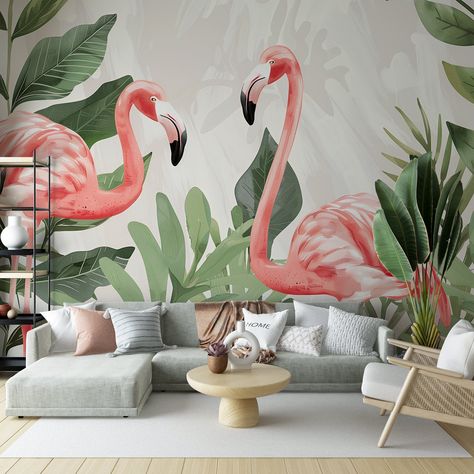 Pink Flamingo Wall Mural, Tropical Greenery Accent Wall, Lively Peel and Stick, Sophisticated Removable Wall Decor, Vibrant Whimsical Art by WallPaperAvenueCo on Etsy Greenery Accent Wall, Pink Beach House, Mural Tropical, Tropical Greenery, Jungle Room, How To Install Wallpaper, Removable Wall, Woven Paper, Prepasted Wallpaper