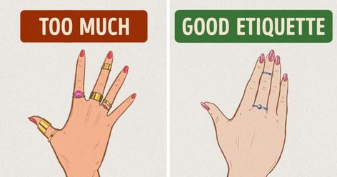 Ettiquette For A Lady, Etiquette Classes, Lady Rules, Etiquette Rules, Fashion Infographic, Ring Style Guide, Dining Etiquette, Etiquette And Manners, How To Wear Rings