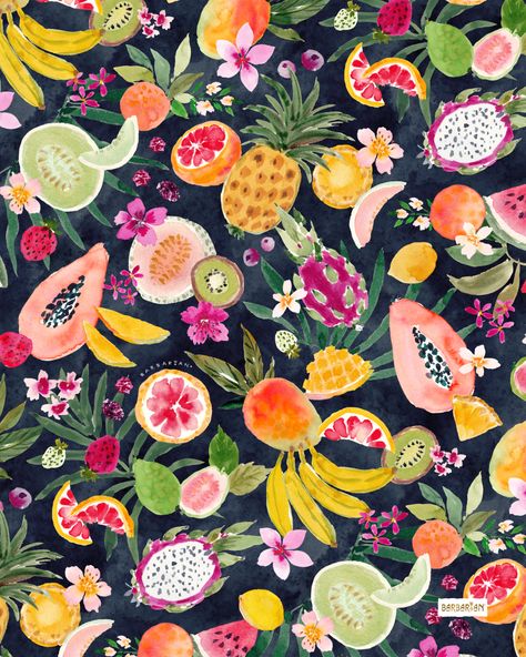 FRUIT FESTIVAL Dark – BARBARIAN by Barbra Ignatiev | Bold colorful art Barbra Ignatiev, Bold Decor, Dark Flowers, Illustrator Artist, Summer Wallpaper, Boho Art, Spoonflower Fabric, Colorful Decor, Creating Art