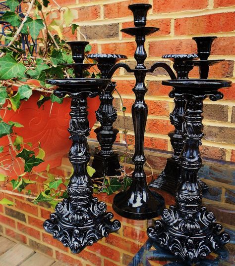 Black Candle Sticks, Halloween Candle Sticks, Black Candelabra, Black Candlesticks, Hallowen Ideas, Black Candles, Gothic Decor, Gothic House, Halloween Haunt