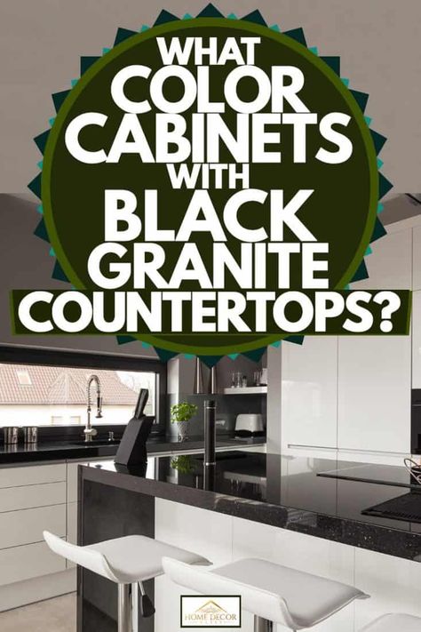 What Color Cabinets With Black Granite Countertops? - Home Decor Bliss Black Countertop Cabinet Color, Corner Kitchen With Island, Cabinet Colors With Black Granite, White Kitchen Black Granite, Granite Flooring Design For Living Room, Granite Flooring Design, Dark Granite Kitchen, Small Spice Rack, Painting Kitchen Cabinets Ideas