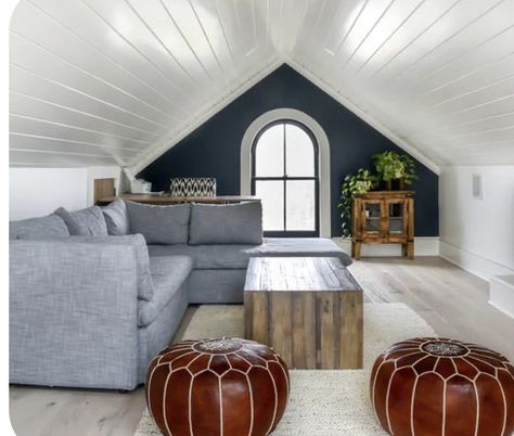 Attic Room Playroom, Attic Bedroom Conversion, Blue Bonus Room, Room Over Garage, Finished Attic Space, Attic Tv Room Sloped Ceiling, Attic Movie Room, Bonus Room Above Garage, Bonus Room Ideas Upstairs