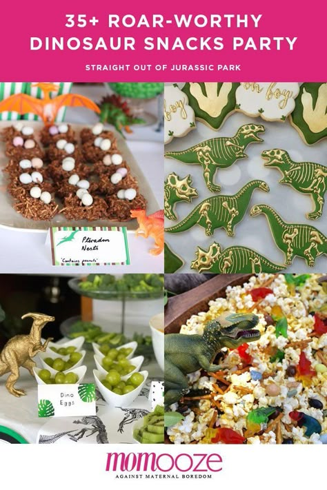 Dinosaur Theme Snacks Preschool, Dinosaur Themed Meals, Dino Party Favor Ideas, Dinosaur Breakfast Ideas, Dinosaur Themed Snacks, Dinofour Birthday, Snacks Party Ideas, Dinosaur Party Food Ideas, Fête Jurassic Park