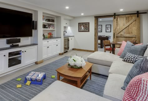 Basement Media And Playroom, Lounge With Kitchenette, Basement Family Room With Kitchenette, Two Tv Basement, Playroom With Kitchenette, Dark Basement Family Room, Bonus Room With Kitchenette, Game Room With Kitchenette, Basement Playroom And Tv Room