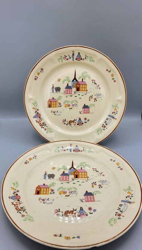 "This is a HUGE lot of dinnerware that is actually a blend of dishes from two 1980's Newcor (made in Thailand) lines that are so similar that I am pretty sure the only difference was the dinner plates. These dinner plates are clearly marked \"Our Country\" and most of the other pieces are marked Heirloom, if the line is named. A quick search of a popular replacement site confirms that the salad plates, cereal bowls, and cup & saucer sets are all the same across the 2 lines. ALL that being sa Dishes For Kitchen, Plates Setting Ideas, Kitchen Dishes Sets, Vintage Plates Pottery, Cottage Core Kitchen Plates, Cottagecore Plate Set, Kitchen Plates Set, Cottage Dishware, Old Plate Set