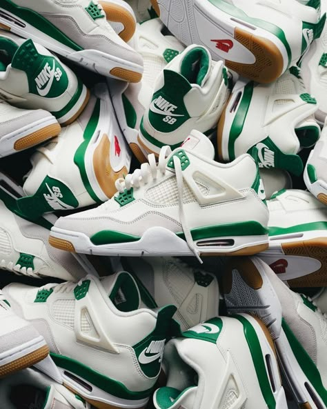 She is the first jordan 4 to ever be released in collaboration with Nike SB. Nike SB x Jordan 4 Pine Green all sizes available to order 🍀 Pine Green Outfit, New Trend Shoes, Best Sandals For Men, Sneakers Wallpaper, Jordan 4 White, Wide Sneakers, Jordan Shoes Retro, Nike Air Jordans, Hype Shoes