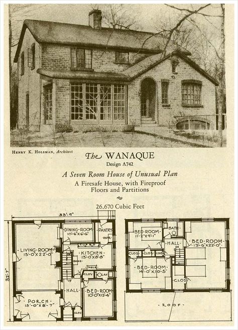 American eclectic style - The Wanaque - 1927 Brick Homes of Lasting Charm 1920s Home Exterior, Vintage House Floor Plans, English Cottage Floor Plans, Roof Addition, English Cottage House, Dining Pantry, English Cottage House Plans, Laundry Combo, Minimal Traditional