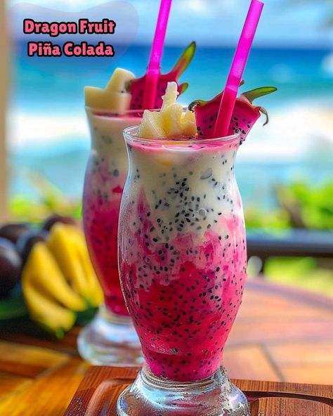 What’s up BEACHES? | 🍹 Dragon Fruit Piña Colada 🌺 | Facebook Frozen Dragon Fruit, Toast Coconut, Vitamix Smoothies, Pink Dragon Fruit, Ripe Pineapple, Summertime Drinks, Light Rum, Pink Dragon, Puerto Rican Recipes