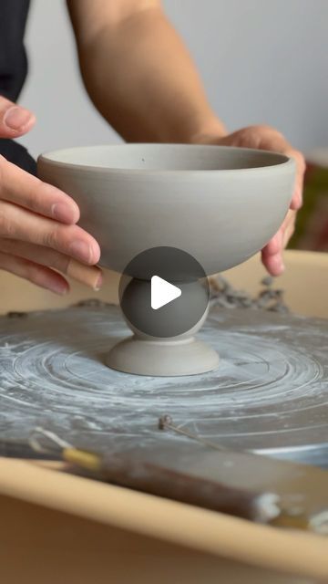 Issey 崔 Roquet on Instagram: "Very tricky trimming but oh so satisfying once sculpted. I get a lot more casualties when working with this shape than a typical mug/bowl shape. There’s a lot of steps that can go wrong where the piece can lose balance.   You might wonder why I choose to throw this in one piece and then carve my way through, instead of piecing three pieces together. Maybe I’m sadistic (lol) but mainly I think that attaching separate pieces runs the risk of breaking in the firing. And achieving a spherical shape in the middle that’s nicely centred is also preferably done by trimming. All in all, excited to play with making more of these 😊 I do enjoy a good challenge.  Check out the two previous videos to see how I throw & carve the inside of the foot ✌🏼  #satisfying #pottery Trimming Pottery Bowls, Throwing Inspiration, Advanced Pottery, Pottery Wine Cups, Altered Pottery, Pottery Throwing, Pottery Carving, Ceramics Bowl, Ceramic Sculpture Figurative