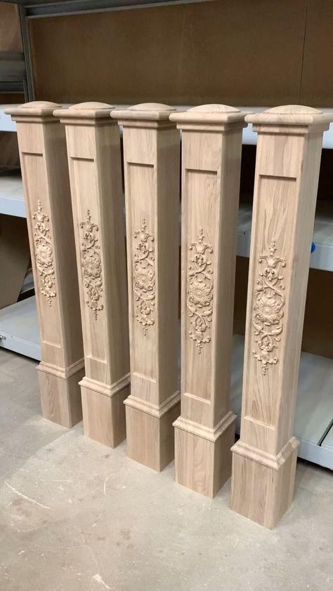 Room Pillar Decor, Wooden Staircase Railing Modern, Staircase Railing Design Wooden, Wooden Pillars Design, Pillar Design Interior, Wooden Staircase Railing, Craftsman Columns, Pillar Decor, Wood Pillars