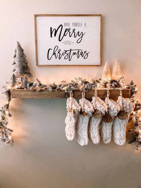 Shelve Christmas Decoration, Stockings On Floating Shelves, Floating Shelf Christmas Decor Ideas, Apartment Stocking Hanging, Stocking Holder Ideas No Mantle, Xmas Shelf Decor, Non Mantle Stocking Ideas, Small Shelf Christmas Decor, Shelf Decor For Christmas