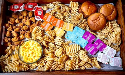 Chik Fil A Charcuterie, Chic Fil A Charcuterie Board, Chick Fil A Charcuterie Board Ideas, Chickfila Board, Chickfila Charcuterie Board, Chick Fil A Catering Display, Chick Fil A Charcuterie Board, Chick Fil A Board, Chicken Nugget Charcuterie Board