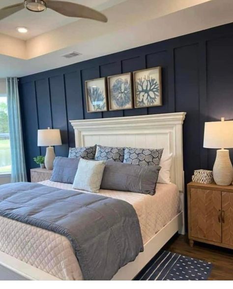 Navy Blue Bedrooms, Blue Bedroom Decor, Luxury Bedroom Design, Bedroom Accent, Woman Bedroom, Bedroom Decor Design, Room Deco, Redecorate Bedroom, Room Makeover Bedroom