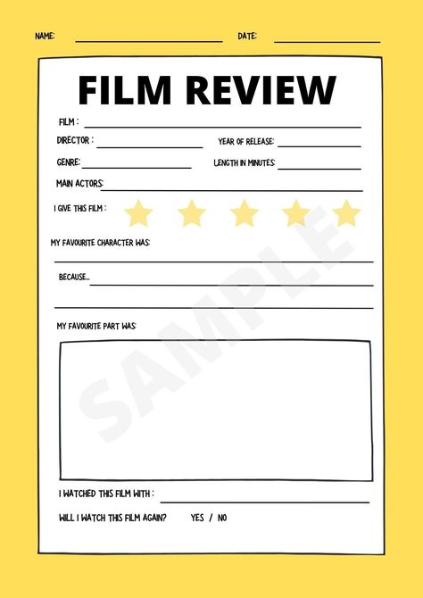 Film Review Worksheet | Children & Adult printable worksheet / planner page hobonichiplanner #digitaljournal #stylishplanner Film Club Ideas, Film Journal Template, Film Review Journal, Movie Rating Template, Film Review Template, Movie Review Template, Product Review Template, Movie Review Journal, Review Film