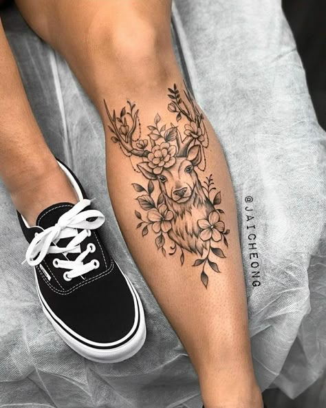 Sun And Moon Lace Tattoo, Stag Sleeve Tattoo, Deer Tattoo Designs Woman, Elk Tattoos Women, Adding To Tattoo Ideas, Country Leg Sleeve Tattoo, Deer Calf Tattoo, Deer Butterfly Tattoo, Shin Animal Tattoo