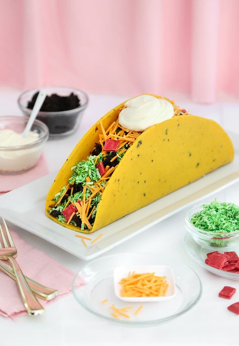 One Big Taco Cake! | Sprinkle Bakes Chocolate Taco, Taco Cake, Cake Portions, Cake Sprinkles, Birthday Party Desserts, Ganache Recipe, Mexican Chocolate, Taco Recipe, Dark Chocolate Cakes