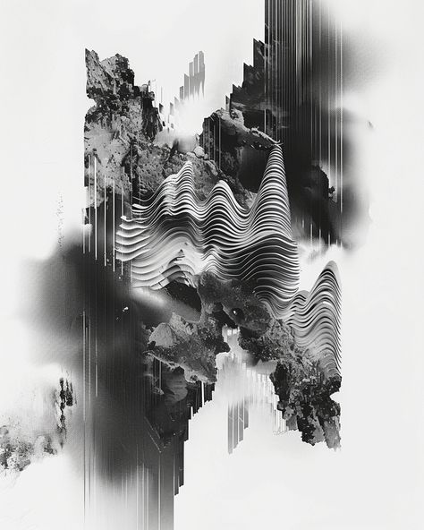 Kinda obsessed with the mix of surreal and photorealistic. Reminds me of a collage.⁠ ⁠ Abstract digital art, combining black and white elements with glitch effects to create an otherworldly atmosphere. The composition includes multiple shapes and textures in the foreground, blending seamlessly into each distinct element of nature. This design incorporates a mix of organic forms and geometric patterns for visual interest, creating a visually captivating piece that evokes emotions like calmness... Micron Pen Art, Black And White Abstract Art, Collage Abstract, Glitch Effect, Visual Style, Texture Graphic Design, Abstract Digital Art, Organic Forms, Elements Of Nature