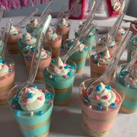 Gender Desserts, Gender Reveal Jello Cups, Gender Reveal Ideas Food Table, Gender Reveal Sweets Table Desserts, Gender Reveal Treats Sweets, Gender Reveal Dessert Ideas, Gender Reveal Treats, Gender Reveal Dessert Table, Farm Baby Shower Theme