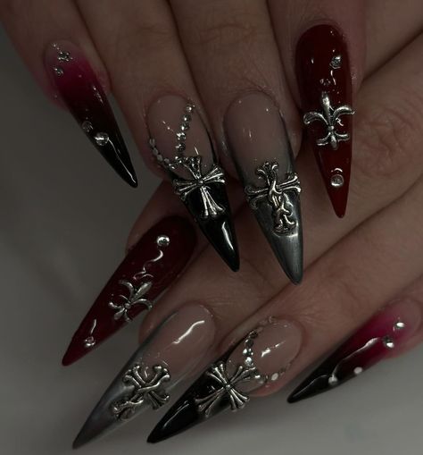 Dark Gel X Nails, Dystopian Nails, Dark Red And Silver Nails, Gothic Nails Almond, Nail Dark Red, Black And Red Goth Nails, Black And Red Glitter Nails, Stiletto Nails With Charms, Dark Almond Nails Designs