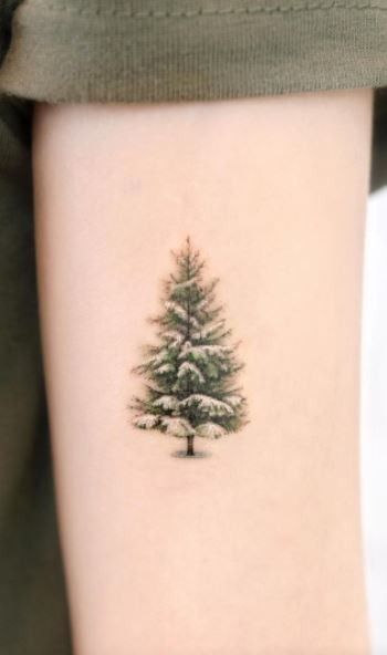 Tree With Snow Tattoo, Snowy Tree Tattoo, Winter Tattoo Ideas Nature, Winter Tattoos For Women, Christmas Tree Tattoo Ideas, Blue Spruce Tattoo, Winter Tree Tattoo, Pine Tree Meaning, Christmas Tattoos For Women