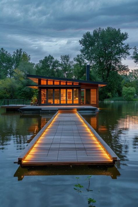 Floating Home With Integrated Dock Floating Dock Ideas, Boat Dock Ideas, Lake Docks Designs, Floating Cabin, Boathouse Ideas, Lake House Dock, Lake Deck, Pontoon Ideas, Underwater Bedroom