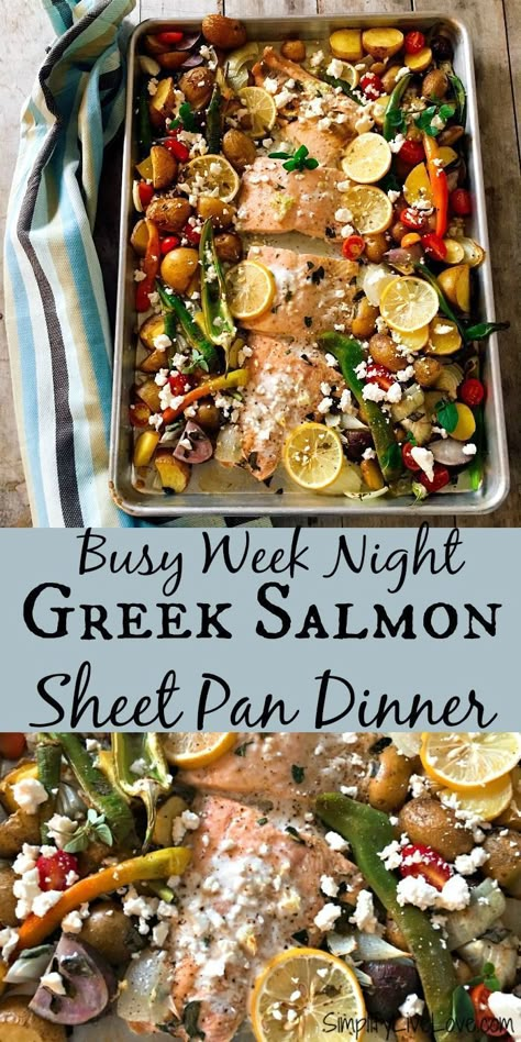 Salmon Greek, Salmon Sheet Pan Dinner, Greek Salmon, Mediterranean Diet Recipes Dinners, Easy Mediterranean Diet Recipes, Sheet Pan Dinners Recipes, Healthy Salmon, Salmon Dinner, Dinner Night