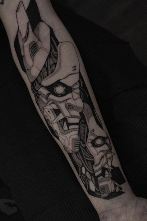 Oni Tattoo, Cyberpunk Tattoo, Quarter Sleeve Tattoos, Punk Tattoo, Sketch Style Tattoos, Hannya Mask, Knight Tattoo, Men Tattoos Arm Sleeve, Arte Grunge