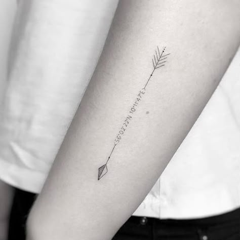 Gps Coordinates Tattoo, Ogham Tattoo, Small White Tattoos, Arrow Tattoos For Women, Coordinates Tattoo, Arrow Tattoo Design, Mystical Tattoos, Mom Tattoo Designs, Boho Tattoos