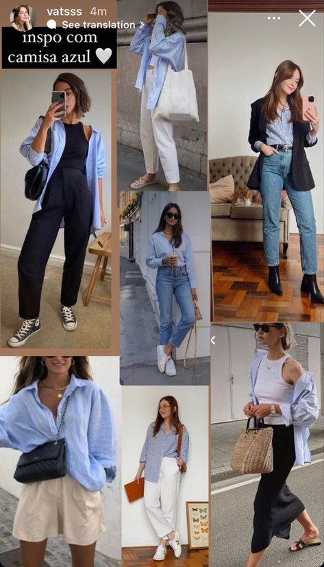 Blue Boyfriend Shirt Outfit, Old Many Styles, Blue Stripped Shirt Outfit Women Work, Blue Shirt Work Outfit Women, Light Blue Button Up Shirt Outfit Women, Blue Shirt Office Outfit, White And Blue Button Up Shirt Outfit, Powder Blue Shirt Outfit Women, Blue Stripped Shirt Women Outfit