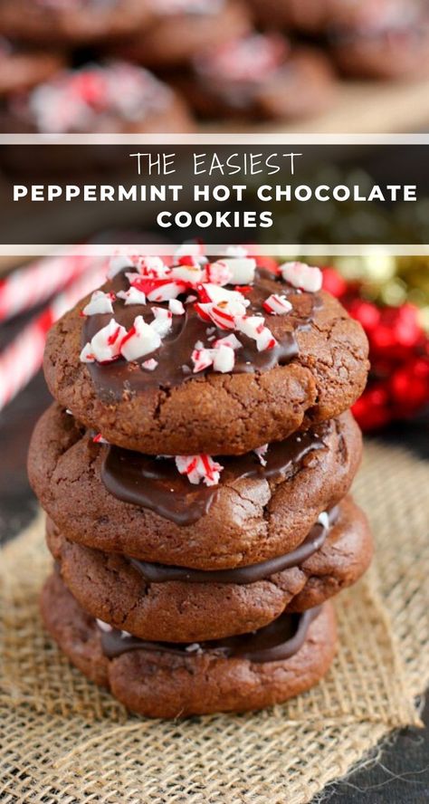 Peppermint Cocoa Cookies, Chocolate Cookies With Peppermint Chips, Hot Coco Cookies Recipes, Cookies With Crushed Candy Canes, Hot Cocoa Peppermint Cookies, Crushed Peppermint Cookies, Hot Chocolate Peppermint Cookies, Peppermint Hot Chocolate Cookies, Christmas Peppermint Cookies