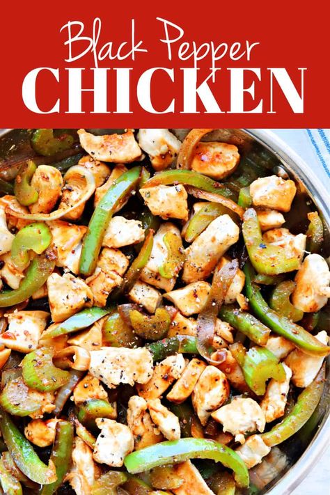 This Black Pepper Chicken is a quick stir fry made in just 3 easy steps! This Panda Express copycat is made from scratch with just a few ingredients. #chicken #Asianrecipes #copycatrecipes Crispy Black Pepper Chicken, Healthy Black Pepper Chicken Recipe, Chinese Black Pepper Chicken, Black Pepper Chicken Panda Express, Crispy Black Pepper Chicken Chinese, Black Pepper Chicken, Recipes With Chicken And Peppers, Chicken Slices, Asian Inspired Dishes