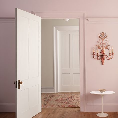 Pink Walls With Pink Trim, Pink Walls And Ceiling, Tone On Tone Wall Paint, Pink Hallways, Light Pink Wall Color, Pink Painted Room, Pink Room Paint, Light Pink Walls Bedroom, Pink Wallpaper Bedroom Ideas