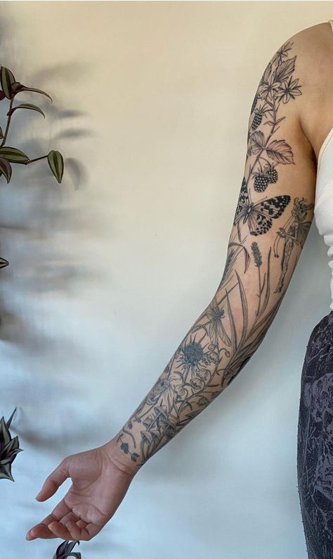 Garden Theme Sleeve Tattoo, Nature Patchwork Tattoo Sleeve, Nature Half Sleeve Tattoo, Wildflower Shoulder Tattoo, Texas Wildflower Tattoo, Wildflower Sleeve, Botanical Tattoo Sleeve, Tattoos Placement, Tattoo Bible