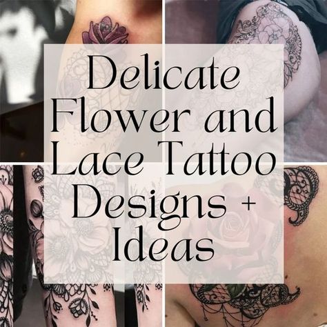 Delicate Flower and Lace Tattoo Designs + Ideas - TattooGlee Lace Half Sleeve Tattoo, Flower And Vine Tattoo For Women, Delicate Vintage Tattoo, Small Flower Sleeve Tattoo, Feminine Black Tattoos, Lace Arm Tattoos For Women, Black Lace Tattoos For Women, Tattoo Stencils Flowers, Lace Tattoo Design Shoulder