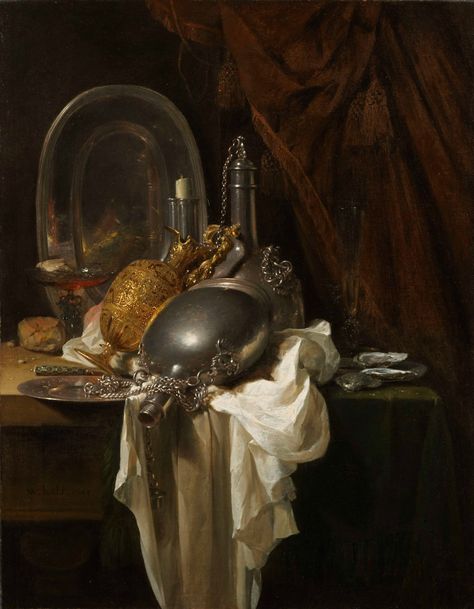 A still life with silver, pewter and gilt objects on a partly draped table (1644) by Willem Kalf (Dutch, 1619-1693), oil on canvas, 103.1 x 81 cm Willem Kalf, Dutch Still Life, Still Life Artists, Baroque Painting, Dutch Golden Age, Georges Braque, Tile Murals, Dutch Artists, Painting Still Life