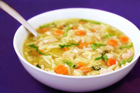 Basil, Chicken & Orzo Soup Recipe | gimmesomeoven.com Orzo Soup Recipes, Orzo Soup, Chicken Orzo, Chicken Orzo Soup, Lemon Chicken Orzo Soup, Basil Chicken, Savory Soups, Pita Chips, Soup And Sandwich