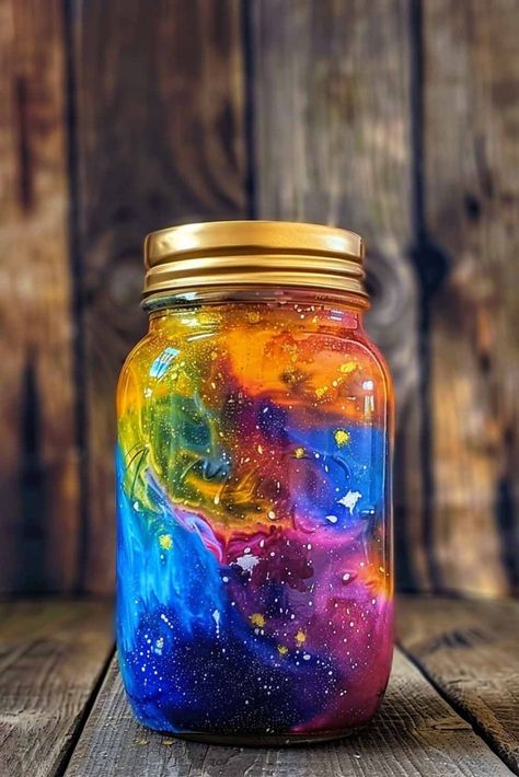 How To Make Your Own Galaxy In A Mason Jar! - Mental Scoop Dream Jars Diy, Nebula In A Jar, Jar Bottle Crafts, Glow In The Dark Galaxy Jars, Super Cool Crafts, Mason Jar Lanterns For Kids, Galaxy Jars Diy For Kids Easy, Fairy Jar Ideas, Diy Space Gifts