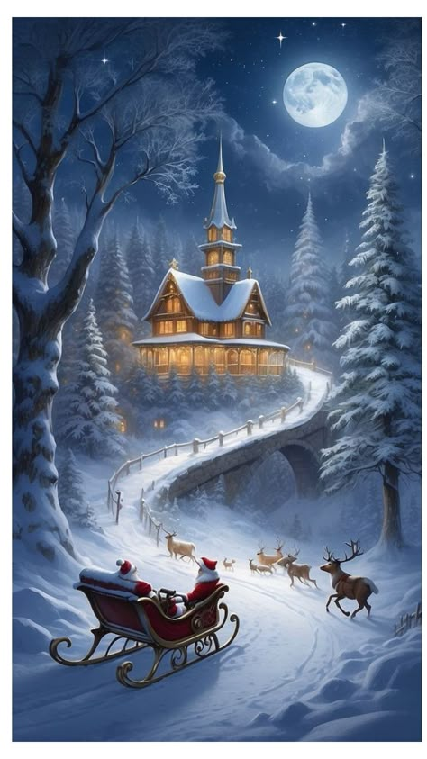 Christmas Wall Art Printables, Santa Claus House, Thomas Kinkade Christmas, Images Noêl Vintages, Santa Claus Pictures, Winter Christmas Scenes, Beautiful Christmas Scenes, Merry Christmas Background, Christmas Wallpaper Backgrounds