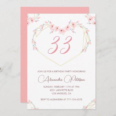 33rd birthday invitation Boho Floral Elegant 65th Birthday Invitations, Birthday Invitations Pink, 10th Birthday Invitation, 13th Birthday Invitations, 90th Birthday Invitations, 70th Birthday Invitations, 46th Birthday, Invitations Pink, 80th Birthday Invitations