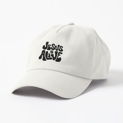 "Jesus is Alive (Black)" Cap for Sale by PraiseandGlory | Redbubble Christian Branding, Christian Accessories, Christian Graphics, Bible Shirts, Jesus Is Alive, Christian Shirts Designs, Cute Cap, Cute Caps, Merch Ideas