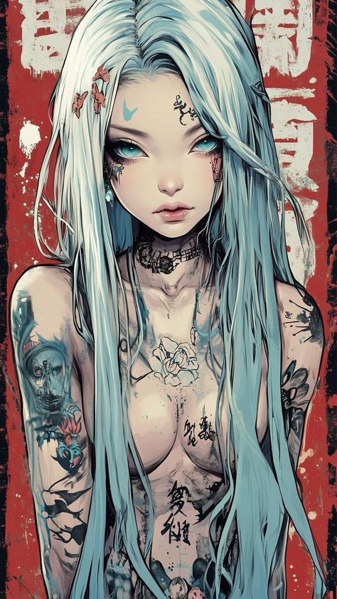 Horror Woman Art, Blue Haired Characters, Thinking Character, Cyberpunk Character Art, Mujeres Tattoo, Arte Peculiar, Hot Anime, Beautiful Dark Art, Cyberpunk Art