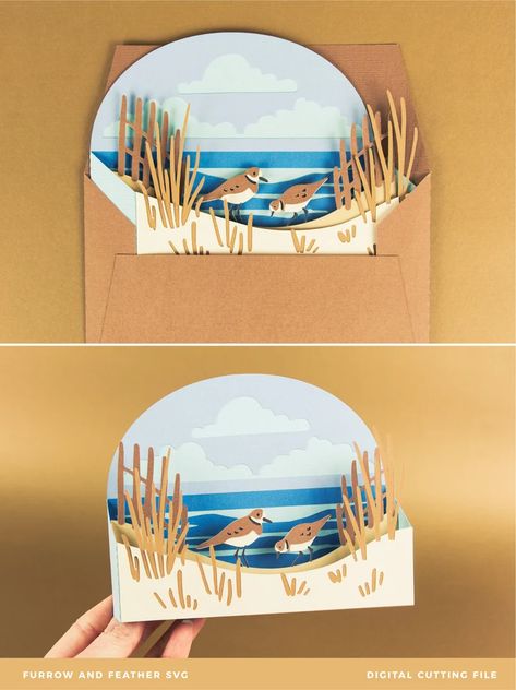 Summer Sand Dune Beach Box Card Template 3D Papercut SVG Card Cut File Cricut Silhouette DIY - Etsy Box Card Template, Feather Svg, Santa's Magic Key, Diorama Ideas, Silhouette Diy, Tag Ideas, 3d Shadow Box, Wedding Invitation Card Design, Box Cards