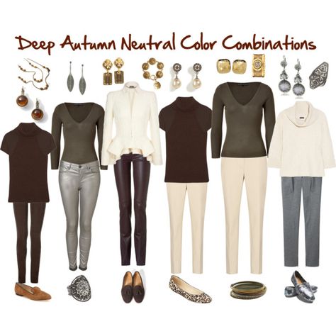 Deep Autumn Neutral Color Combinations, created by jjeanine on Polyvore Deep Autumn Neutrals, Deep Autumn Capsule Wardrobe, Neutral Color Combinations, Polyvore Autumn, Autumn Neutrals, Deep Autumn Palette, Soft Autumn Deep, Autumn Capsule Wardrobe, Autumn Color Palette Fashion