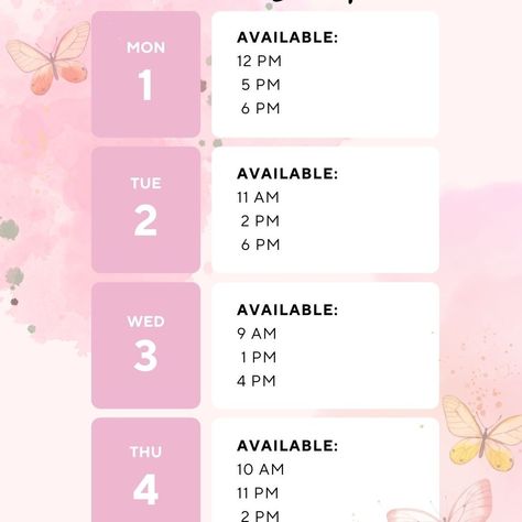 Pink Acuity Scheduling Weekly Availability Weekly Calendar for your Instagram Story or post. 🦋 Saves Time 😎 Boosts Sales 🩷 Looks Cute! Pink Available Weekly Booking Time Slots very easy to edit in Cavna. Social Media Post Template for hair stylists, lash tech, nails tech, and anyone else in the beauty industry who needs a cute calendar for their IG story!🩷 https://7cf5d5-65.myshopify.com/products/copy-of-instagram-story-availability-calendar-nail-tech-booking-hairdresser-calendar-lash-tec... Nail Schedule Template, Policy Template, Cute Calendar, Schedule Template, Nail Studio, List Template, Story Template, Instagram Story Template, Calendar Template