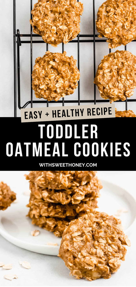 These kid friendly oatmeal breakfast cookies are packed with nutrients and made with only a few simple ingredients. You can also make them gluten free and vegan! #cookies #breakfastcookies #toddlersnacks Toddler Oatmeal Cookies, Clean Toddler Snacks, Toddler Breakfast Cookies, Healthy Toddler Cookies, Breakfast Cookies For Kids, Cookies For Babies, Cookies For Toddlers, Kid Friendly Healthy Breakfast, Healthy Oatmeal Breakfast Cookies