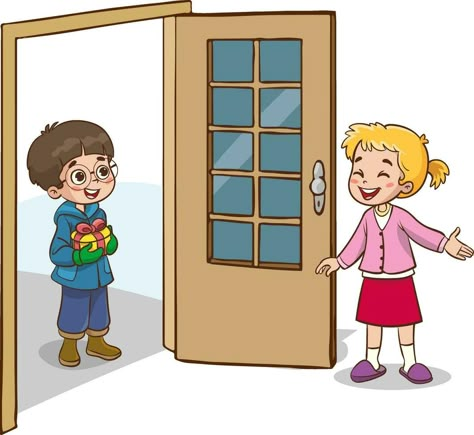 Vector illustration of girl welcoming her friend at the door Open Doors Illustration, Open Door Cartoon, Open Door Drawing, Welcome Illustration, Kids Next Door Drawing, Greeting Students At The Door, Teaching Pictures, Child In Hospital, Friends Vector